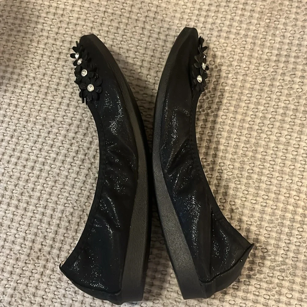 Pointy Black Rhinestone Crystal Embellished Faux Leather Floral Ballet Flats 39